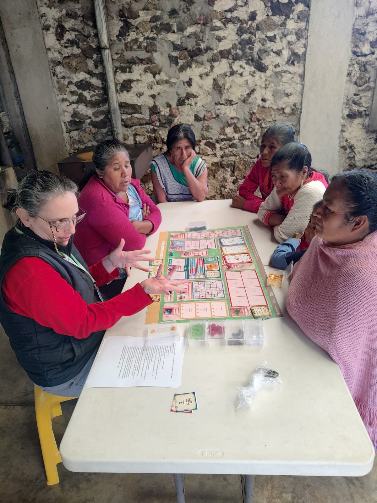 Personas interactuando alrededor del tablero y tarjetas