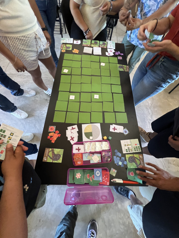 Personas interactuando alrededor del tablero y tarjetas